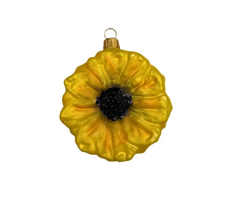 Boule de Noël originale en verre soufflé forme tournesol jaune doré cœur noir pailleté H9cm Ø7cm - Lilosquare