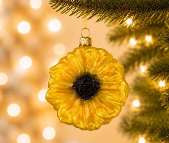 Boule de Noël originale en verre soufflé forme tournesol jaune doré cœur noir pailleté H9cm Ø7cm - Lilosquare