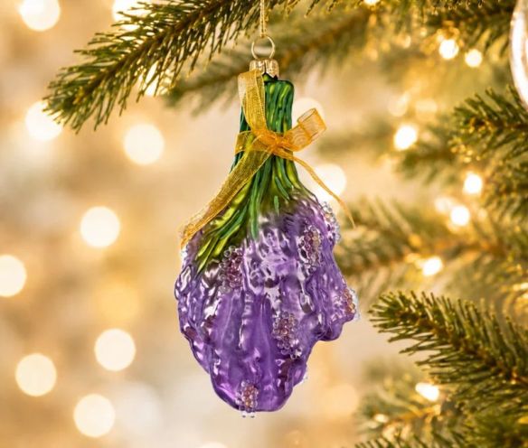 Boule de Noël originale en verre soufflé bouquet de lavande violet mauve nœud ruban doré H11cm - Lilosquare