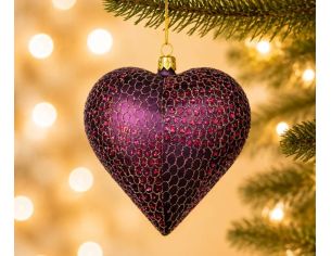 Boule de Noël en verre soufflé forme cœur violet aubergine mat motifs pailletés fuchsia et dorés H11cm - Lilosquare
