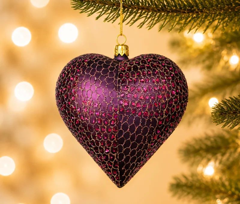 Boule de Noël en verre soufflé forme cœur violet aubergine mat motifs pailletés fuchsia et dorés H11cm - Lilosquare