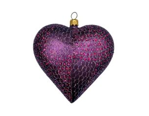 Boule de Noël en verre soufflé forme cœur violet aubergine mat motifs pailletés fuchsia et dorés H11cm - Lilosquare