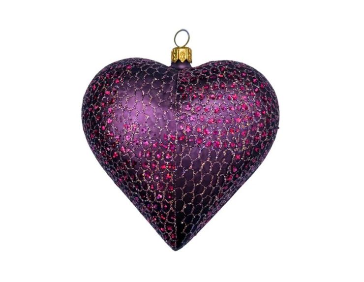 Boule de Noël en verre soufflé forme cœur violet aubergine mat motifs pailletés fuchsia et dorés H11cm - Lilosquare