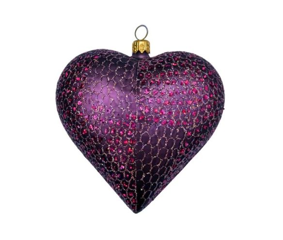 Boule de Noël en verre soufflé forme cœur violet aubergine mat motifs pailletés fuchsia et dorés H11cm - Lilosquare
