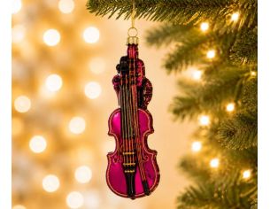 Boule de Noël originale en verre soufflé violon bordeaux brillant cordes et contours pailletés dorés H14cm - Lilosquare