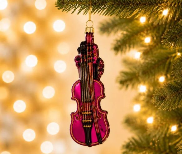 Boule de Noël originale en verre soufflé violon bordeaux brillant cordes et contours pailletés dorés H14cm - Lilosquare