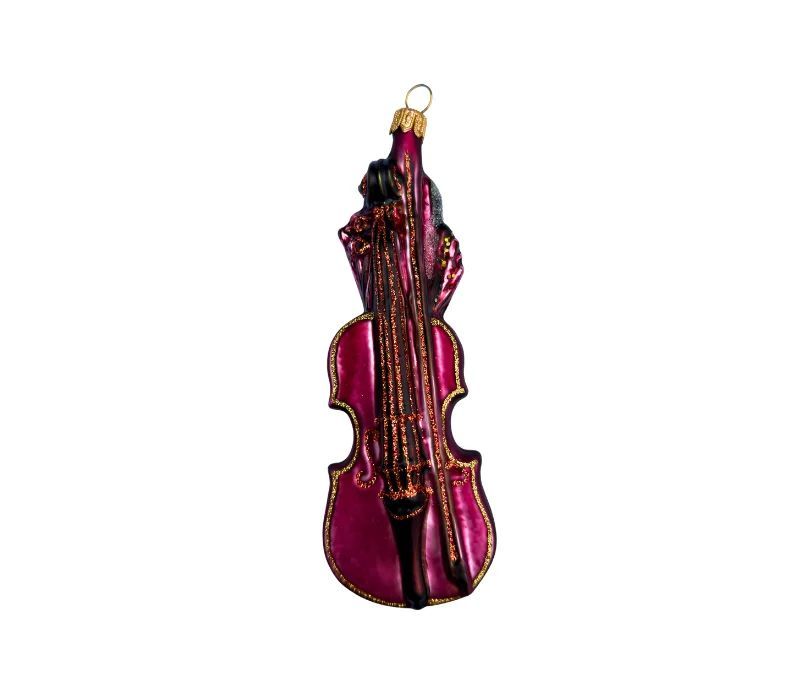 Boule de Noël originale en verre soufflé violon bordeaux brillant cordes et contours pailletés dorés H14cm - Lilosquare