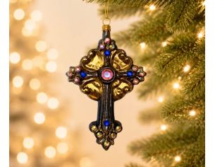 Suspension de Noël en verre soufflé croix baroque noire dorée strass irisés et saphirs bleus H12cm - Lilosquare