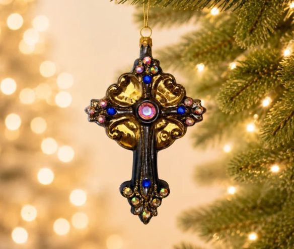 Suspension de Noël en verre soufflé croix baroque noire dorée strass irisés et saphirs bleus H12cm - Lilosquare