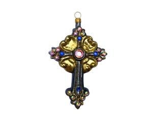 Suspension de Noël en verre soufflé croix baroque noire dorée strass irisés et saphirs bleus H12cm - Lilosquare