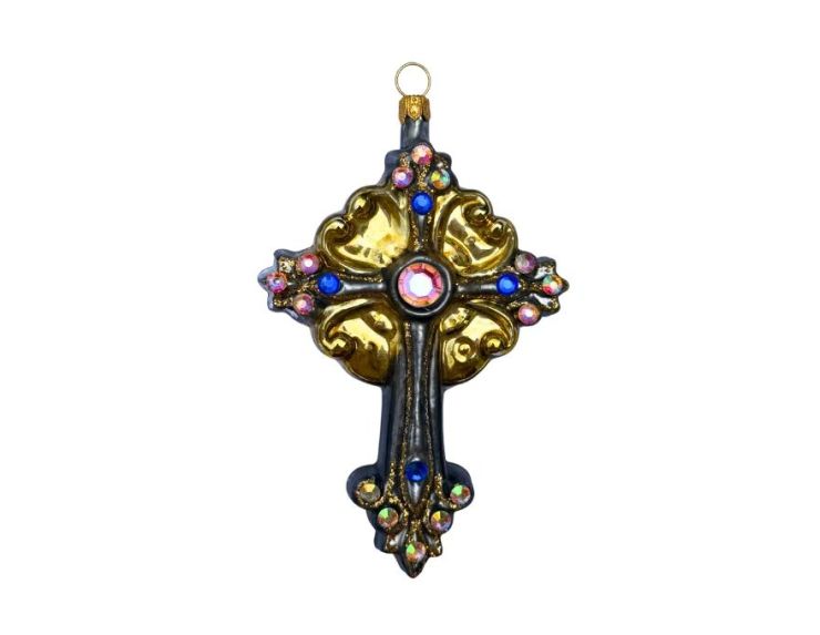 Suspension de Noël en verre soufflé croix baroque noire dorée strass irisés et saphirs bleus H12cm - Lilosquare