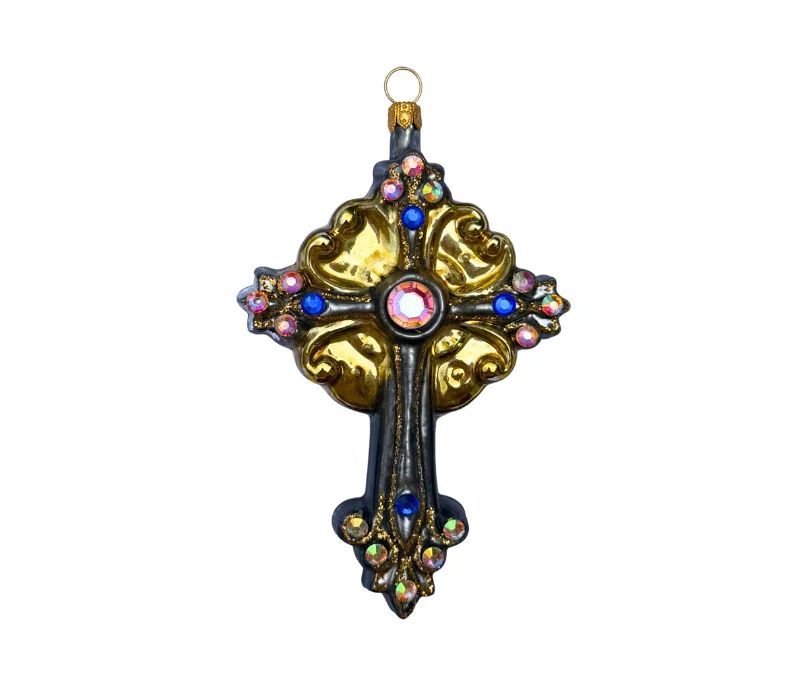 Suspension de Noël en verre soufflé croix baroque noire dorée strass irisés et saphirs bleus H12cm - Lilosquare