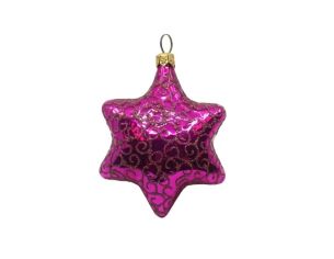 Boule de Noël en verre soufflé étoile à 6 branches rose fuchsia brillant arabesques pailletées H7cm - Lilosquare