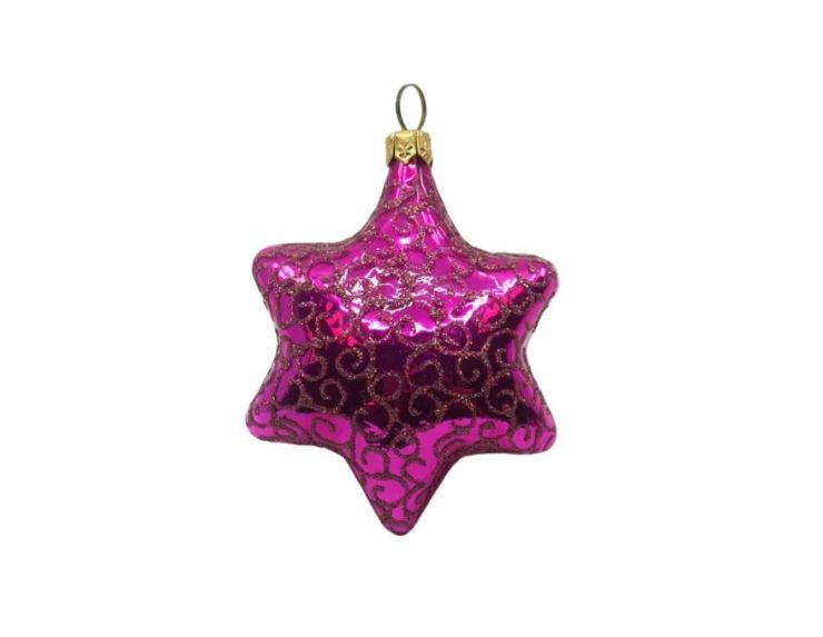 Boule de Noël en verre soufflé étoile à 6 branches rose fuchsia brillant arabesques pailletées H7cm - Lilosquare