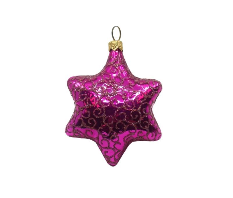 Boule de Noël en verre soufflé étoile à 6 branches rose fuchsia brillant arabesques pailletées H7cm - Lilosquare