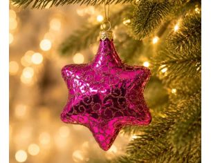 Boule de Noël en verre soufflé étoile à 6 branches rose fuchsia brillant arabesques pailletées H7cm - Lilosquare