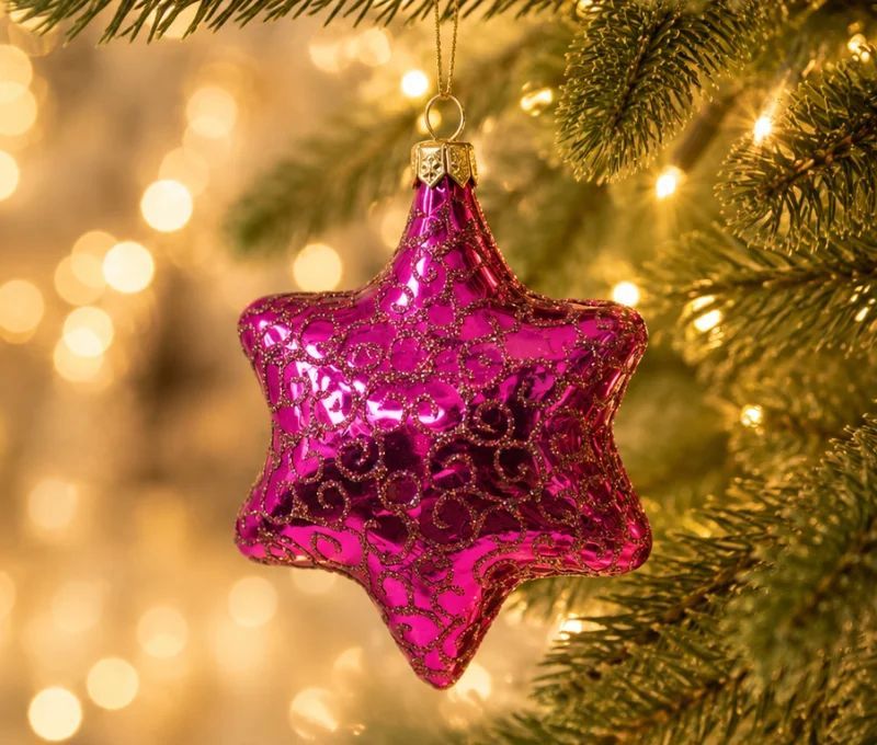 Boule de Noël en verre soufflé étoile à 6 branches rose fuchsia brillant arabesques pailletées H7cm - Lilosquare