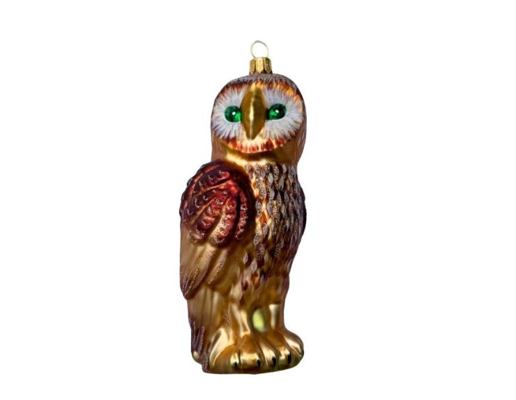 Boule de Noël originale verre soufflé hibou brun roux doré yeux verts scintillants plumes détaillées H15cm - Lilosquare