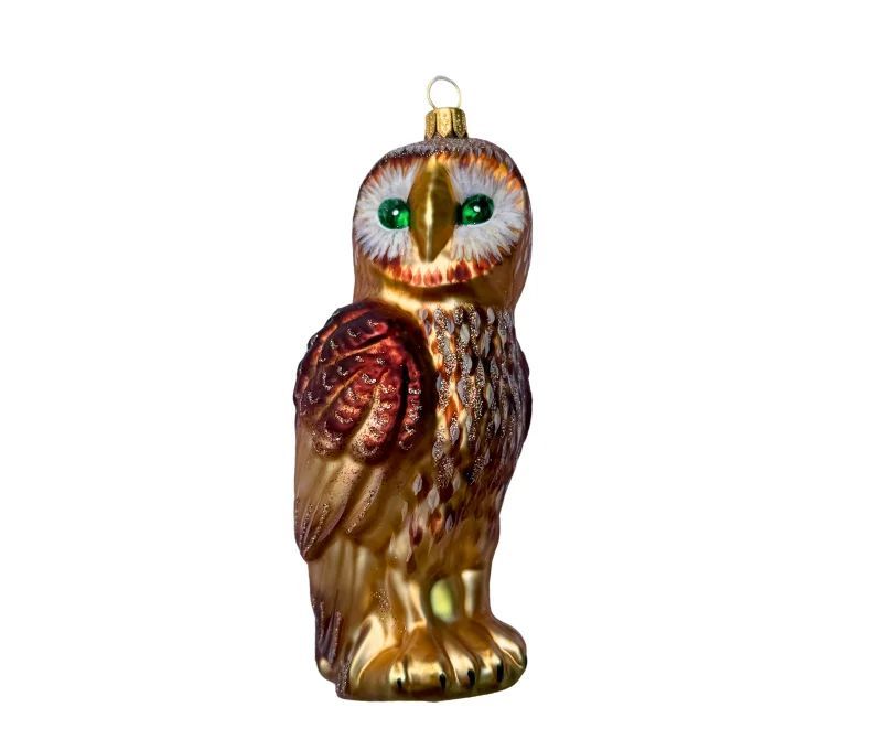 Boule de Noël originale verre soufflé hibou brun roux doré yeux verts scintillants plumes détaillées H15cm - Lilosquare