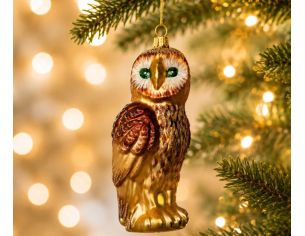 Boule de Noël originale verre soufflé hibou brun roux doré yeux verts scintillants plumes détaillées H15cm - Lilosquare