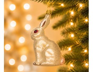 Boule de Noël originale en verre soufflé lapin blanc nacré argenté oeil rouge assis H10cm - Lilosquare