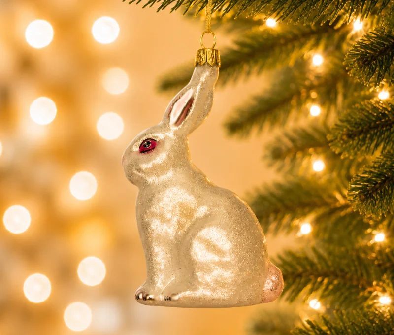 Boule de Noël originale en verre soufflé lapin blanc nacré argenté oeil rouge assis H10cm - Lilosquare