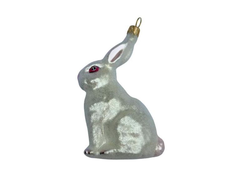Boule de Noël originale en verre soufflé lapin blanc nacré argenté oeil rouge assis H10cm - Lilosquare
