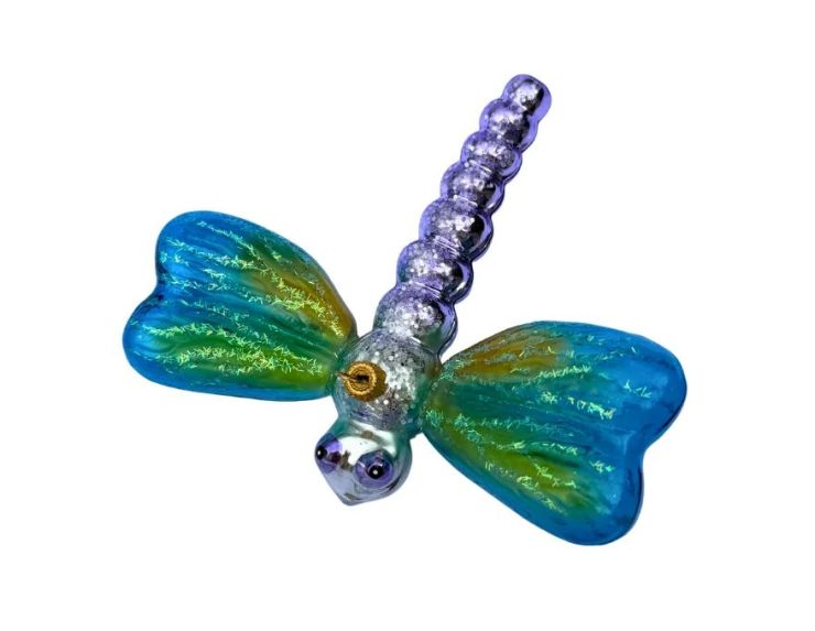 Suspension de Noël verre soufflé libellule ailes bleu turquoise irisées corps mauve pailleté H11cm L13cm - Lilosquare