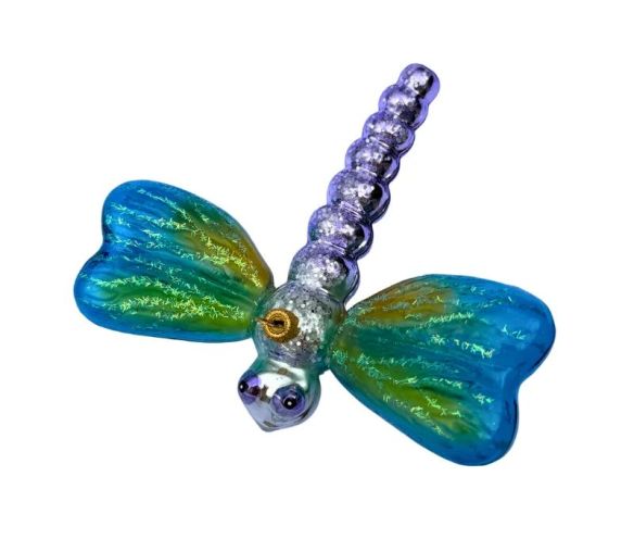 Suspension de Noël verre soufflé libellule ailes bleu turquoise irisées corps mauve pailleté H11cm L13cm - Lilosquare