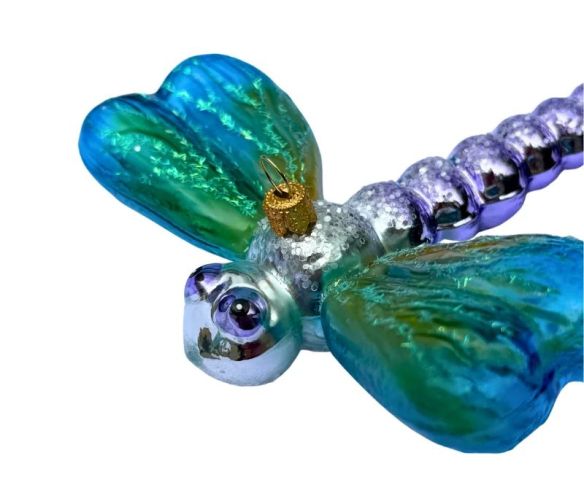 Suspension de Noël verre soufflé libellule ailes bleu turquoise irisées corps mauve pailleté H11cm L13cm - Lilosquare