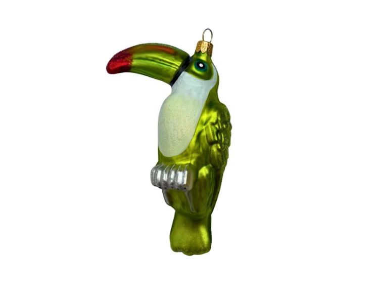 Boule de Noël originale en verre soufflé toucan vert anis brillant bec rouge noir gorge blanche H14cm - Lilosquare