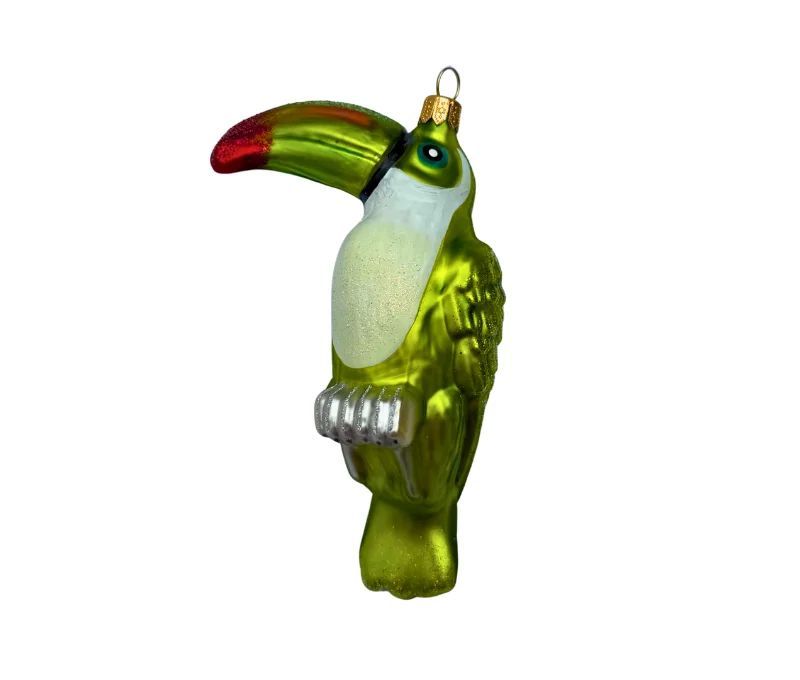 Boule de Noël originale en verre soufflé toucan vert anis brillant bec rouge noir gorge blanche H14cm - Lilosquare