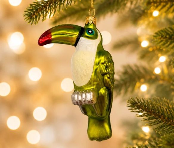 Boule de Noël originale en verre soufflé toucan vert anis brillant bec rouge noir gorge blanche H14cm - Lilosquare