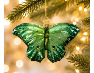 Suspension de Noël en verre soufflé papillon vert émeraude ailes irisées pailletées strass H6cm - Lilosquare