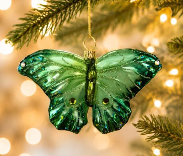 Suspension de Noël en verre soufflé papillon vert émeraude ailes irisées pailletées strass H6cm - Lilosquare