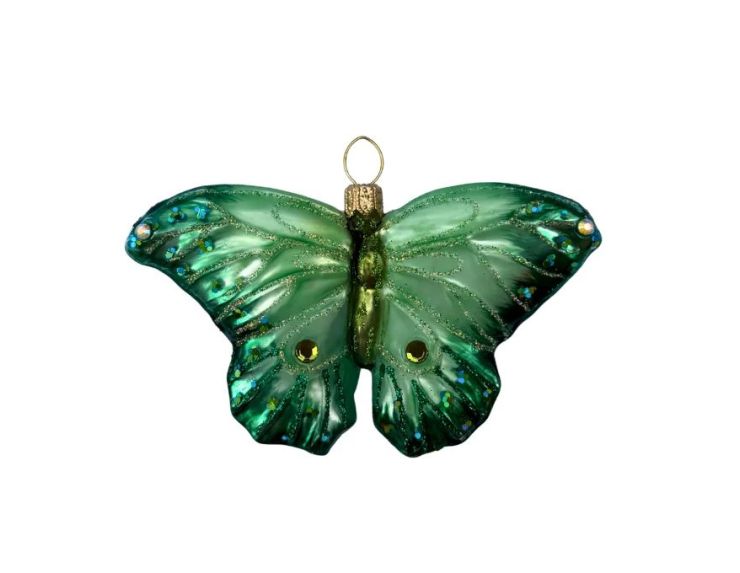 Suspension de Noël en verre soufflé papillon vert émeraude ailes irisées pailletées strass H6cm - Lilosquare