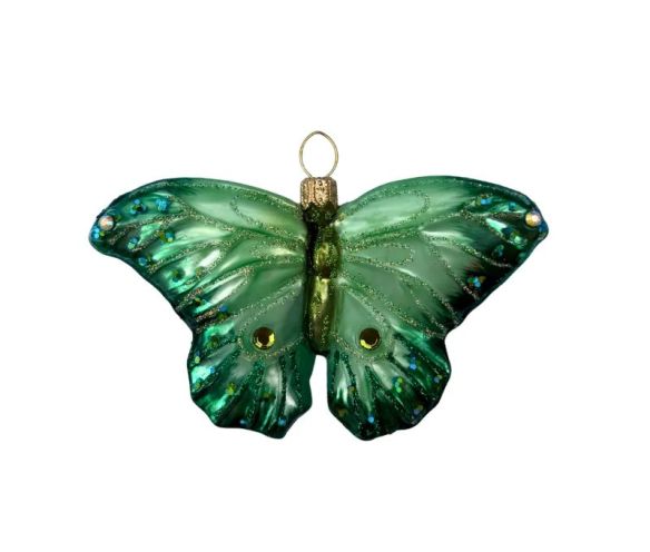 Suspension de Noël en verre soufflé papillon vert émeraude ailes irisées pailletées strass H6cm - Lilosquare