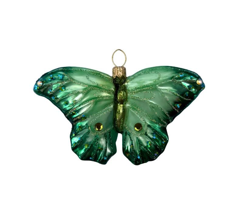 Suspension de Noël en verre soufflé papillon vert émeraude ailes irisées pailletées strass H6cm - Lilosquare