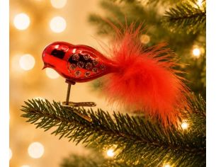 Oiseau sur pince verre soufflé rouge miroir queue plumes rouges motifs dorés pailletés L12cm - Lilosquare