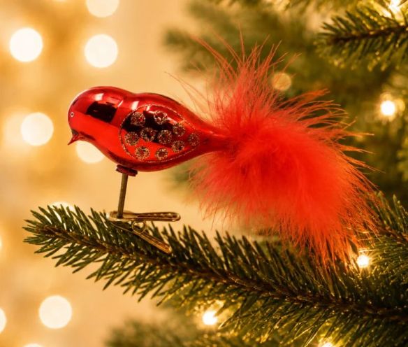 Oiseau sur pince verre soufflé rouge miroir queue plumes rouges motifs dorés pailletés L12cm - Lilosquare