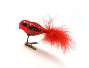 Oiseau sur pince verre soufflé rouge miroir queue plumes rouges motifs dorés pailletés L12cm - Lilosquare