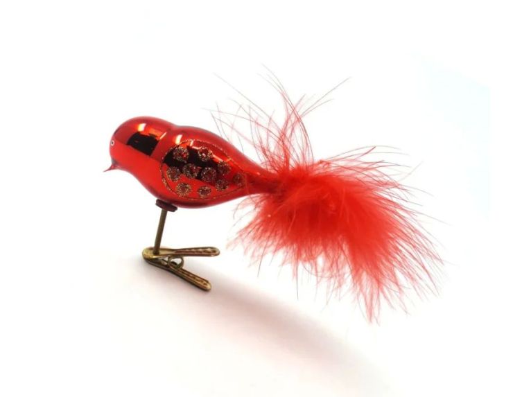 Oiseau sur pince verre soufflé rouge miroir queue plumes rouges motifs dorés pailletés L12cm - Lilosquare