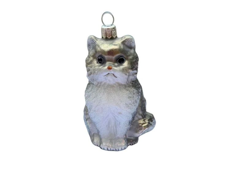 Suspension de Noël verre soufflé chat assis blanc et gris pailleté ventre blanc givré yeux peints H12cm - Lilosquare