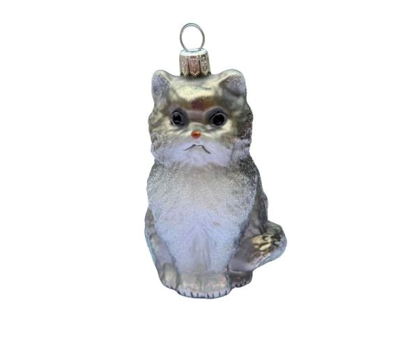 Suspension de Noël verre soufflé chat assis blanc et gris pailleté ventre blanc givré yeux peints H12cm - Lilosquare