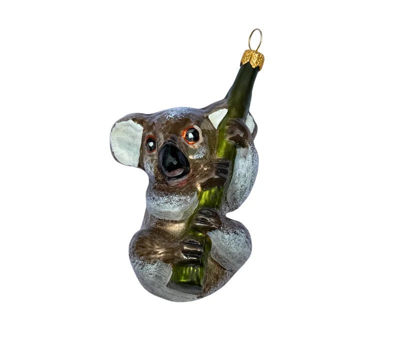 Boule de Noël originale en verre soufflé koala gris accroché à une branche verte H8cm - Lilosquare