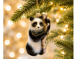Boule de Noël originale en verre soufflé panda noir et blanc accroché à une tige de bambou H11cm - Lilosquare