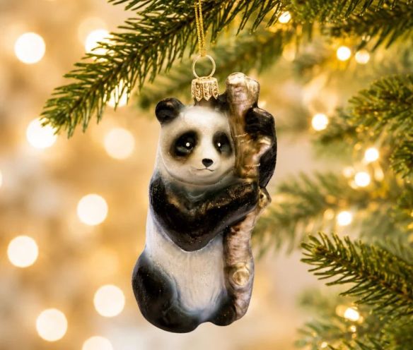 Boule de Noël originale en verre soufflé panda noir et blanc accroché à une tige de bambou H11cm - Lilosquare