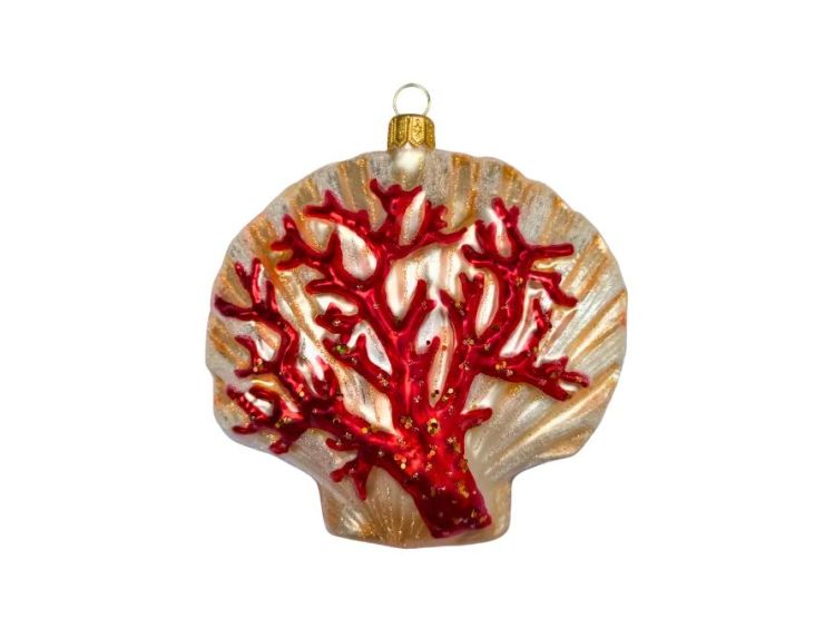 Suspension de Noël originale en verre soufflé forme coquille Saint-Jacques nacré doré corail rouge pailleté H11cm - Lilosquare