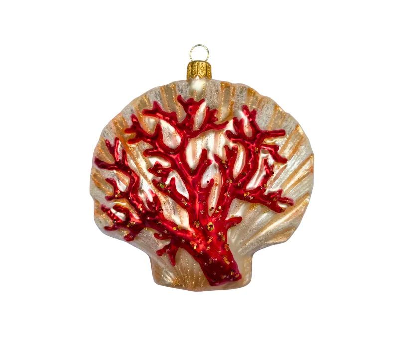 Suspension de Noël originale en verre soufflé forme coquille Saint-Jacques nacré doré corail rouge pailleté H11cm - Lilosquare
