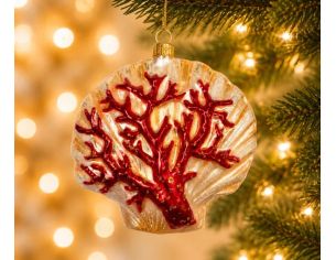 Suspension de Noël originale en verre soufflé forme coquille Saint-Jacques nacré doré corail rouge pailleté H11cm - Lilosquare